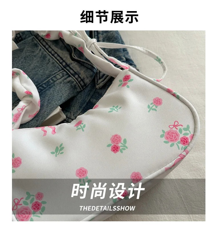 Women's Bags 2025 Summer Nylon Pleated Handbags Armpit Bag Korean Floral Bow Printed Zipper Tote Bag Female Small Shoulder Bags