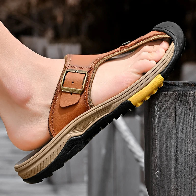Genuine Leather Sandals Men Breathable Summer Shoes Man Waterproof Outdoor Men Sandals Antiskid Beach Sandals Footwear