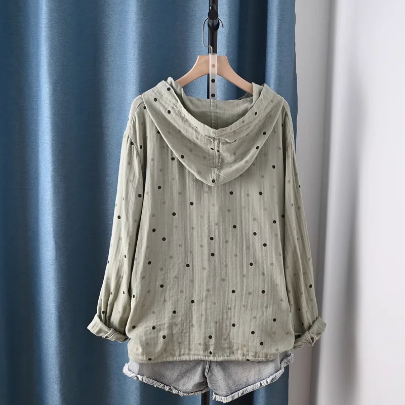 2025 Middle-aged women's clothing 100% cotton yarn hoodies polka dot print shirts long sleeve blouses for women hooded tops