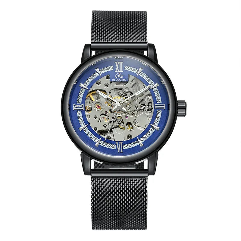 Men's automatic mechanical watch, European and American fashion hollow mechanical watch, woven mesh belt men's watch