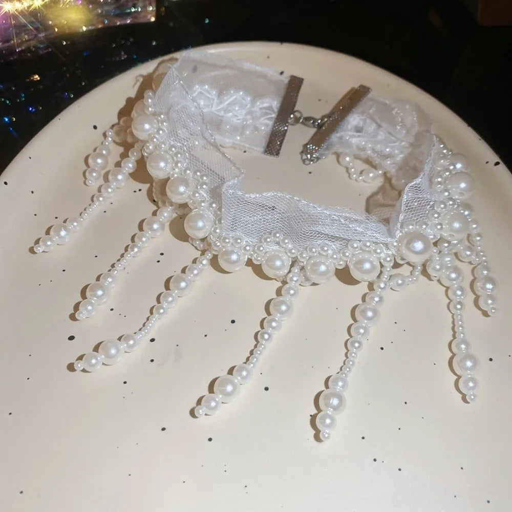 Neck Pendant White Pearl Lace Choker Alloy Creative Tassel Beads Necklace French Style Collarbone Chain Mesh Neck Jewelry Women