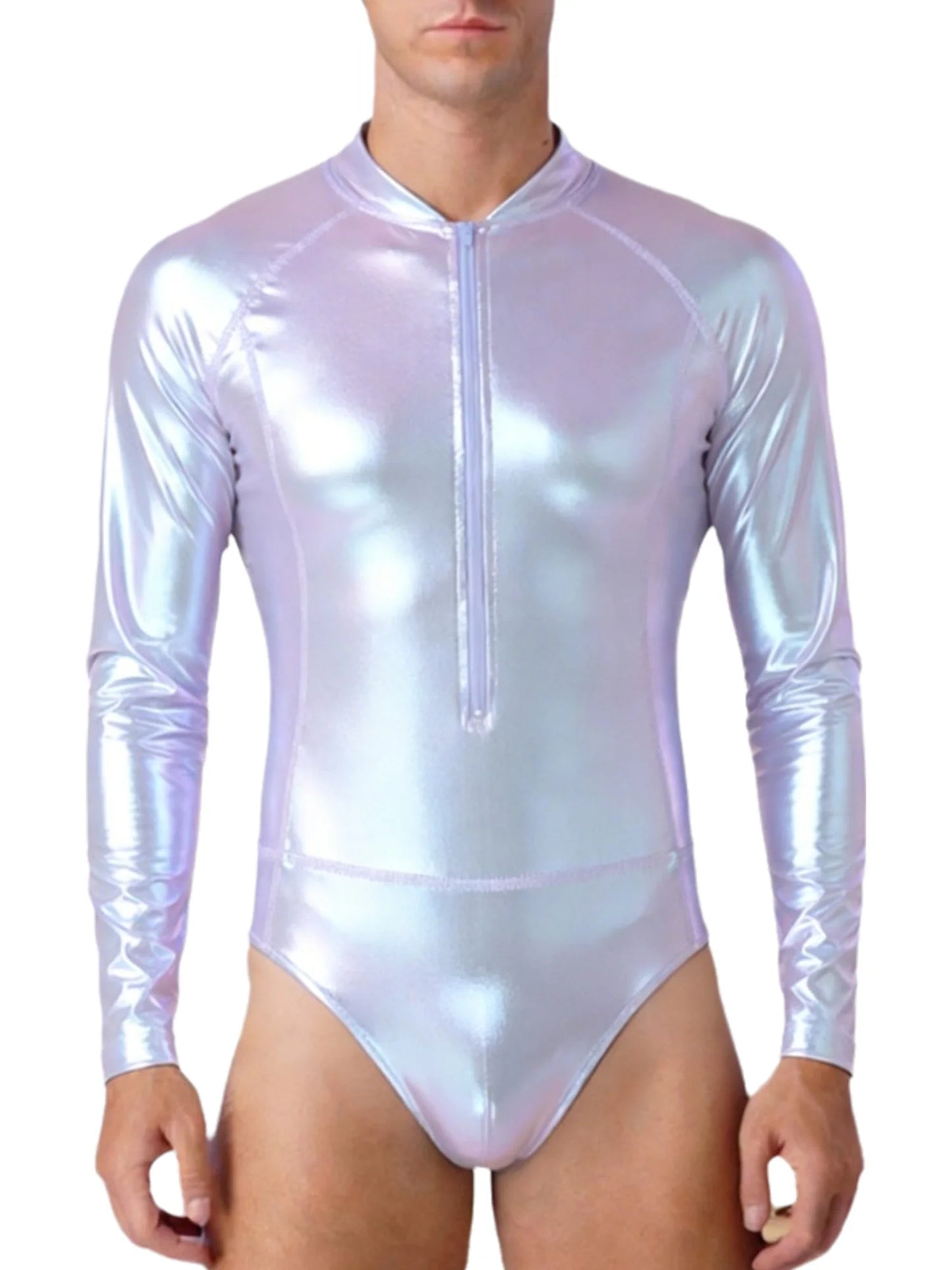 Mens Bathing Suits Swimsuits Metallic Shiny Bodysuit Long Sleeve One-piece for Nightclub Jazz Dance Beach Gymnastics Leotard