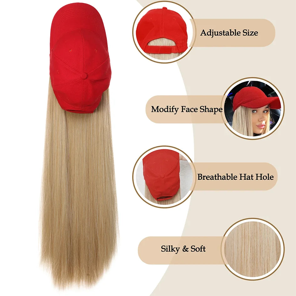 Hat Wigs-synthetic 22inch red baseball cap straight hair wig ducktail long straight hair wig hat extensions wigs christmas hat