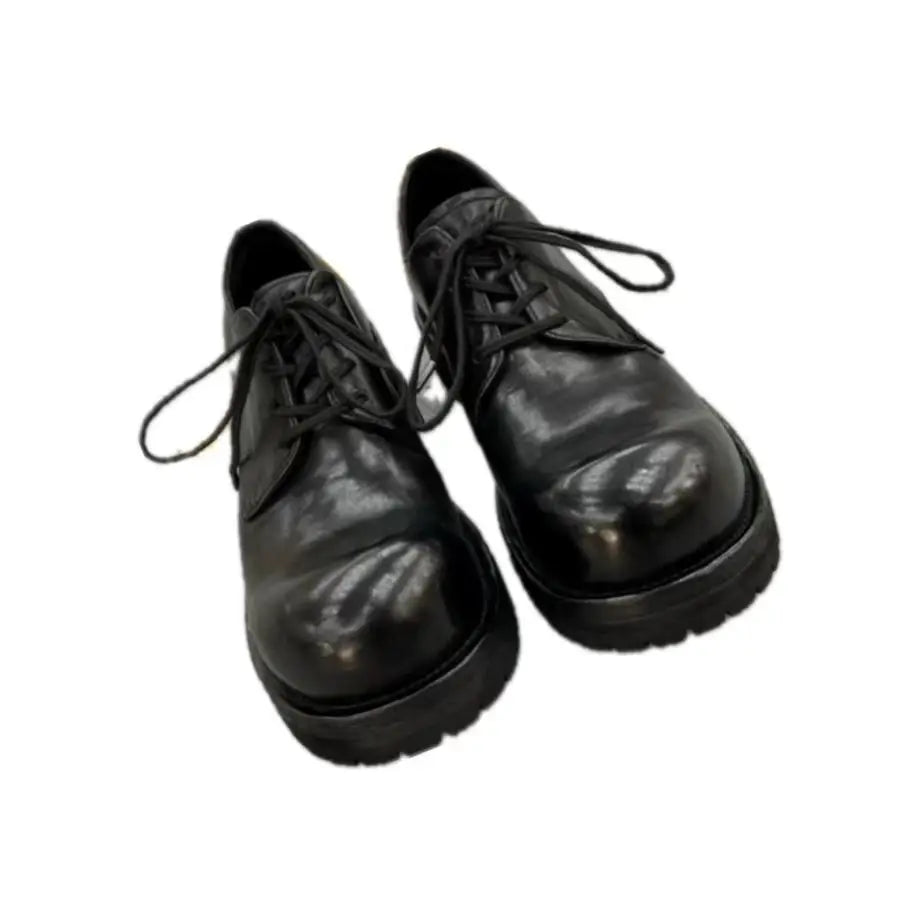 2025 New Men's Thick-soled Heightening Black Lace-up Round Head Horse Leather Made Old Derby Shoes