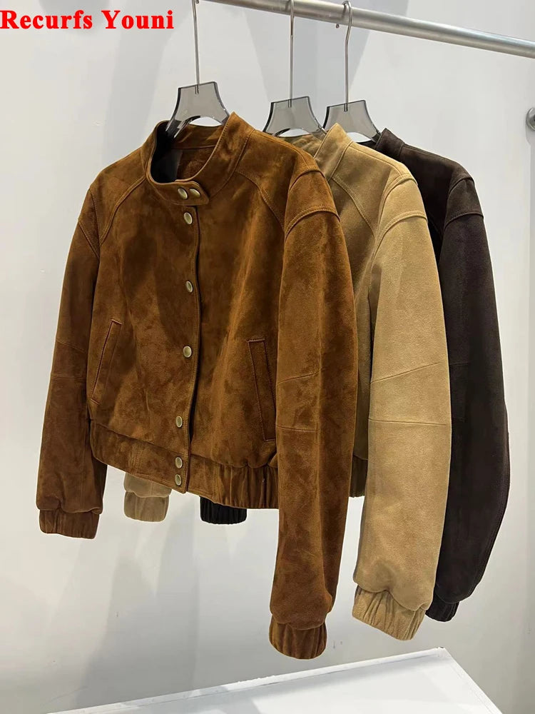 2025 Imported Goat Suede Jacket For Women Retro Standing Collar Versatile Slimming Elastic Waist  Leather Coat Chaquetas Bomber