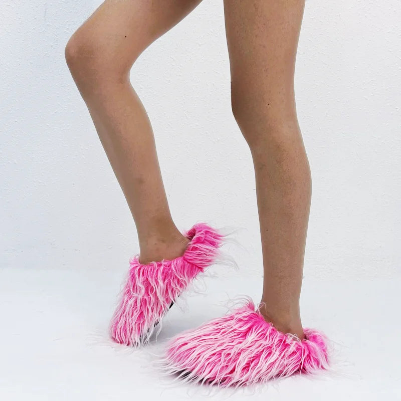 2025 Summer Brand New Fashion Leisure Round Toe Horse Hair Slippers for Women Elegant Flat Platform Slip-on Big Size Shoes 42 43