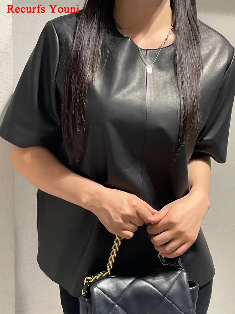 Genuine Leather Tops for Women 2025 Spring/Summer Short Straight Sleeve Round Neck Pullover Shirts & Blouses Thin Suede Blusas