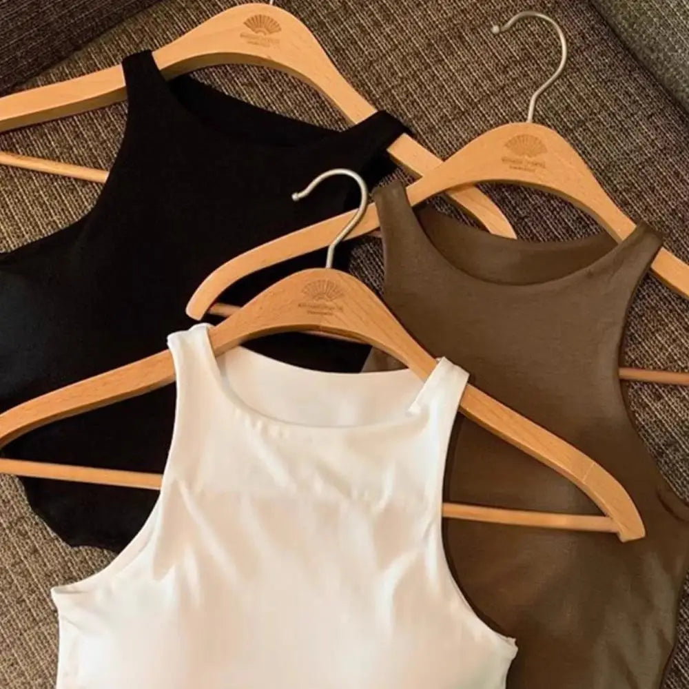 Summer Women Tank Tops Camisole  With Padded Bra Solid Color Sexy Off Shoulder O Neck Elastic Sport Vest  Push Up Base Shirt