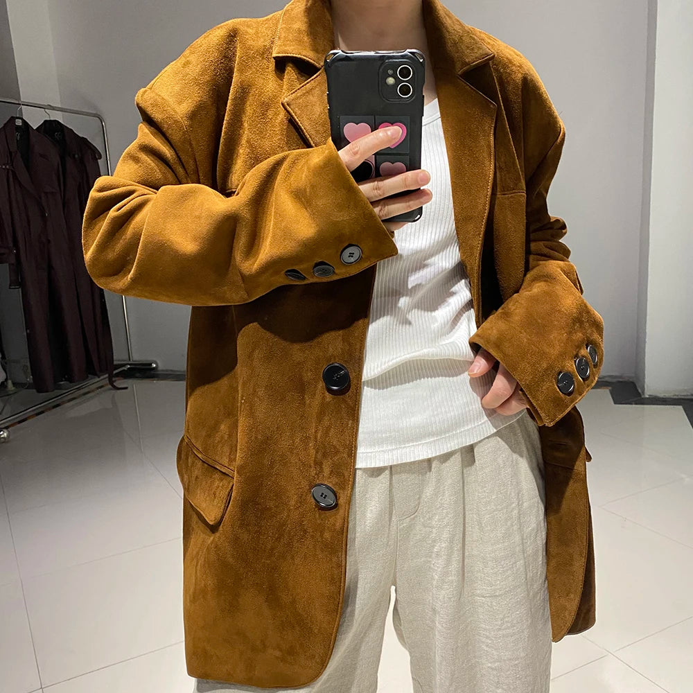 YOLOAgain Single Breasted Oversized Suede Blazer Women Real Leather Jacket Spring 2026