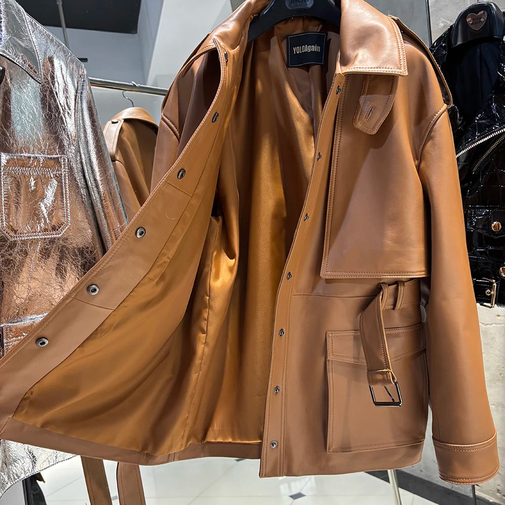 YOLOAgain Real Leather Suede Jacket Women Dark Brown Single Breasted Leather Coat With Belt