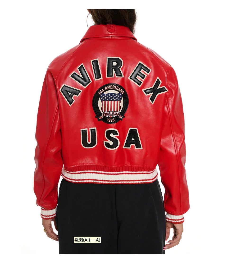 Avirex Spring 2024 New Listing Bomber Flight Suit Jacket 100% European Antique Sheepskin Classic Women's Pink Leather coat tops