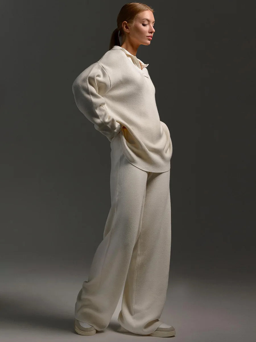 Sumuyoo Winter Thick Women Knitted Suits Cashmere Soft 2 Pieces Sets Female Polo Neck Sweater & Wide Leg Pants Knitted Outfit