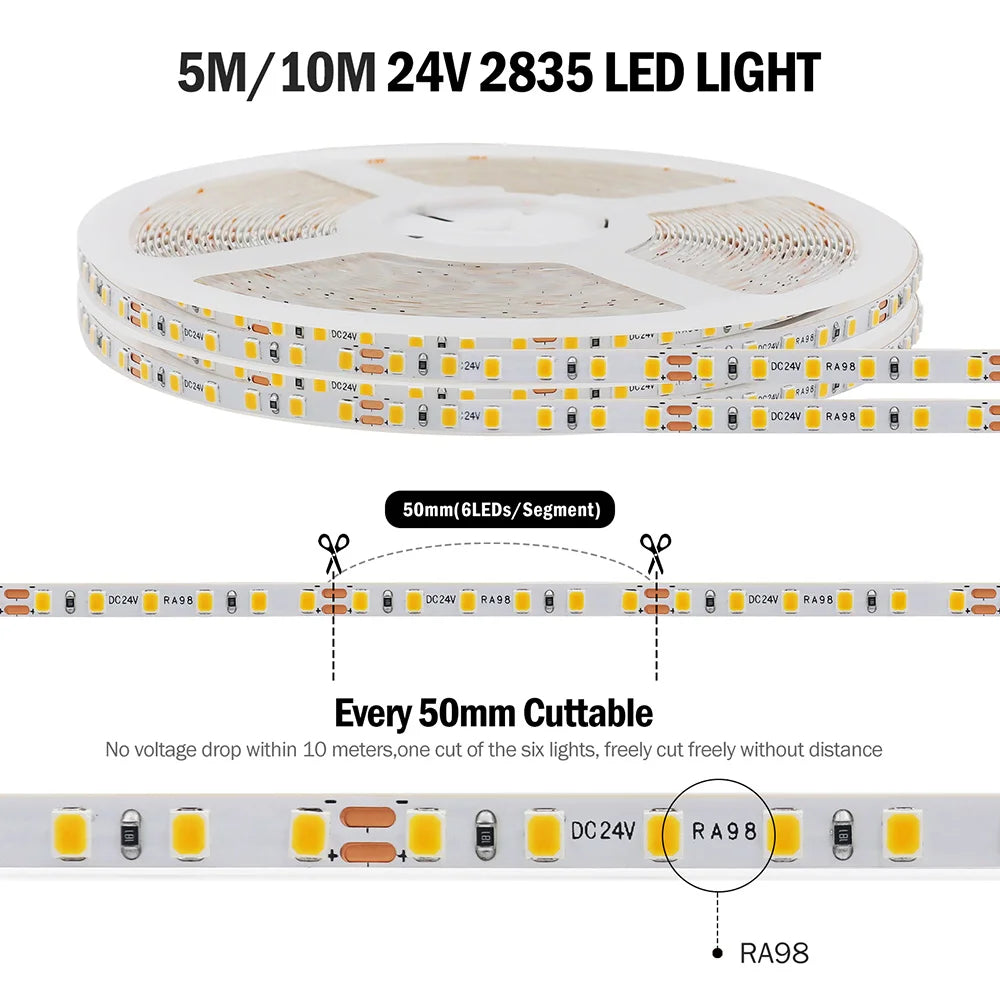 LED Strip Light RA98 5mm 8mm PCB 5m 10m 24V 2835 120 240 LEDs Flexible Adhesive Tape 2700K 3000K 3500K 4000K 5000K 6000K Decor