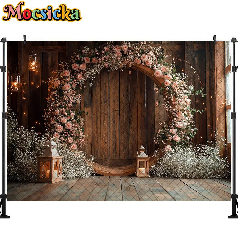 Wedding Theme Photography Background Round Wreath Wooden Wall Decoration Couple Wedding Scene Supplies Backdrop Studio Props