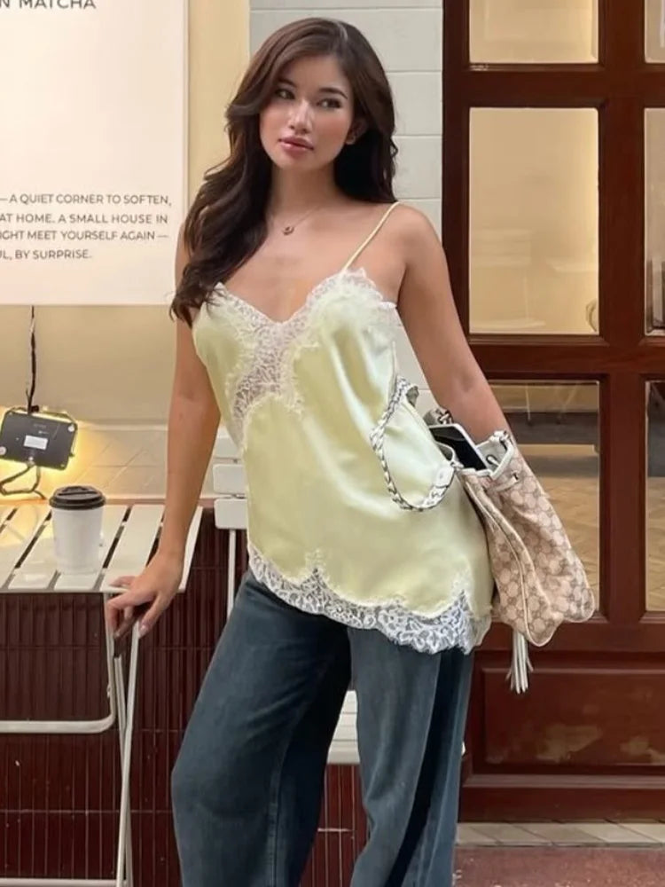 HH Summer Women Chic Sexy Lace Spliced Suspender Tops Woman V-neck Sleeveless Backless Hollow Asymmetrical Hem Design Top