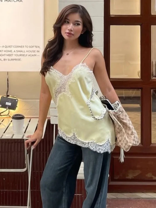 HH Summer Women Chic Sexy Lace Spliced Suspender Tops Woman V-neck Sleeveless Backless Hollow Asymmetrical Hem Design Top