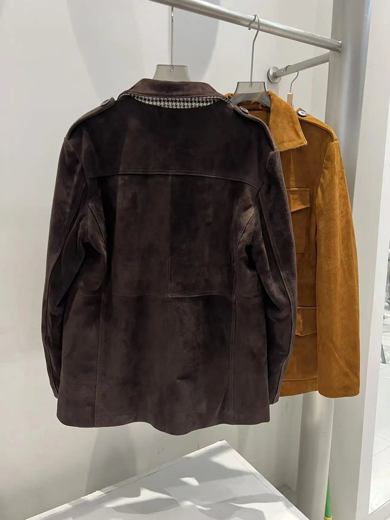 Luxury High-end Kid Suede Leather Jacket for Women Winter Pockets Slimming Coat Filled With Mulberry Silk Deep Coffee Warm Veste