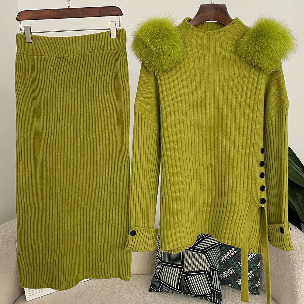 Sweater Set Warm suit Women Winter Knitted Suits two Piece Set Natural fox fur collar Sweater + Loose Trousers Office Lady Suit