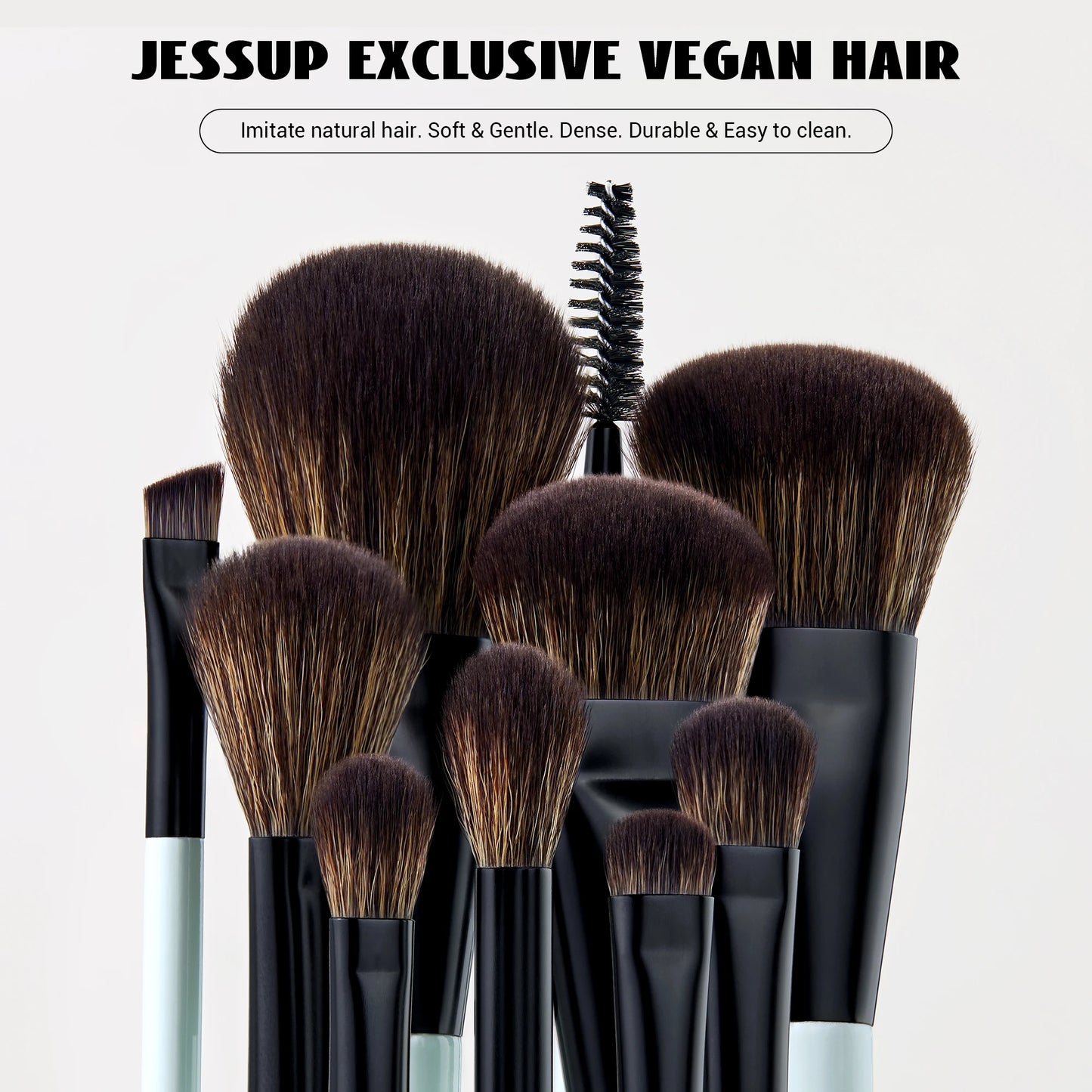 Jessup Double-Ended Makeup Brushes 6pcs, Vegan Fiber, Daily Use, Bright Cyan