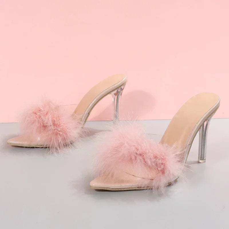 Women's Slippers 2024 Pink Feather Peep Toe Pointed Slippers Sexy Slip on Clear Heel Slides Women Thin Heels Summer Footwear