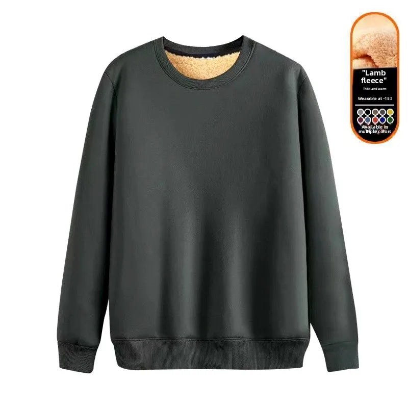 Men's Fleece Lined round Neck Sweatshirt Loose Long Sleeve T-Shirt Thickened Lamb Velvet Warm Winter Base Layer Shirt