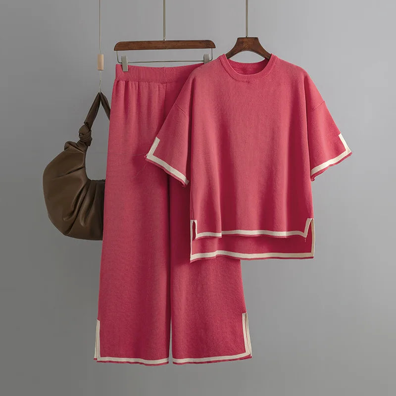 Pants Set Women Two Piece Sets Short Sleeve Spring Knit Tops Loose Casual Wide Leg Long Pants High Waist Y2k Streetwear Spring