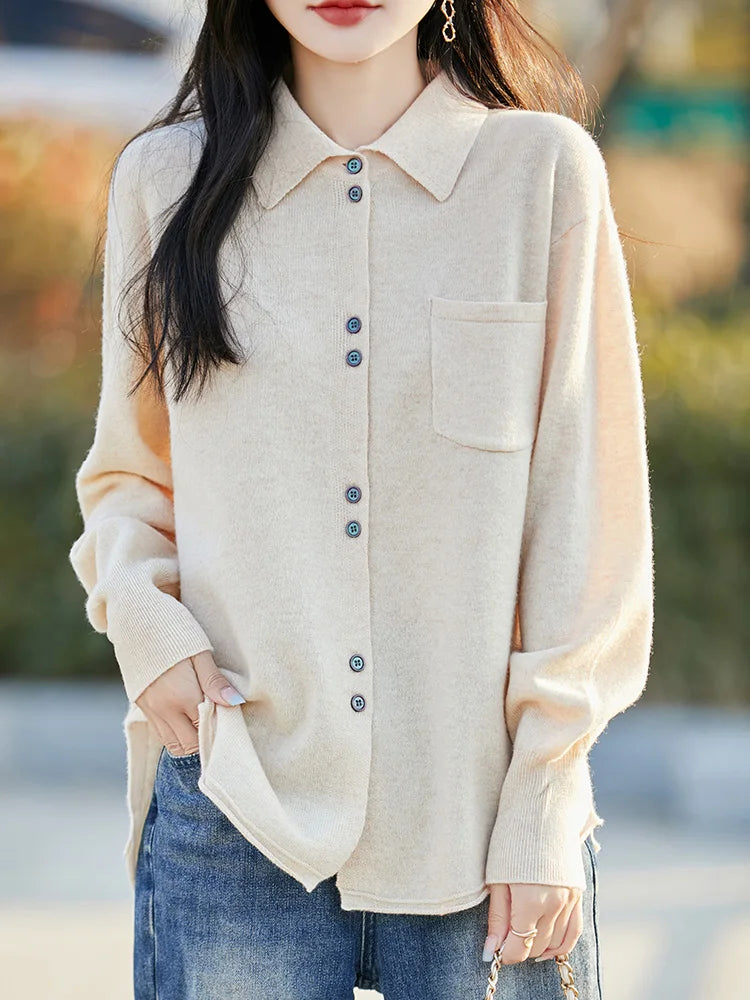 POLO Collar Wool Sweater 100 Pure Wool Spring And Autumn New Knitted Women Loose And Slimming Cardigan ZA682