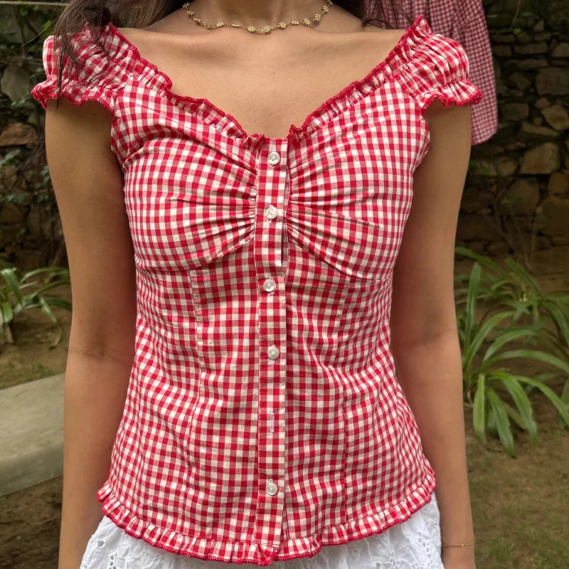 Women Summer Y2K Babydoll Crop Top Fairy Grunge Button Up Shirt Cap Sleeve Slim Fit Ruffle Hem Coquette Top