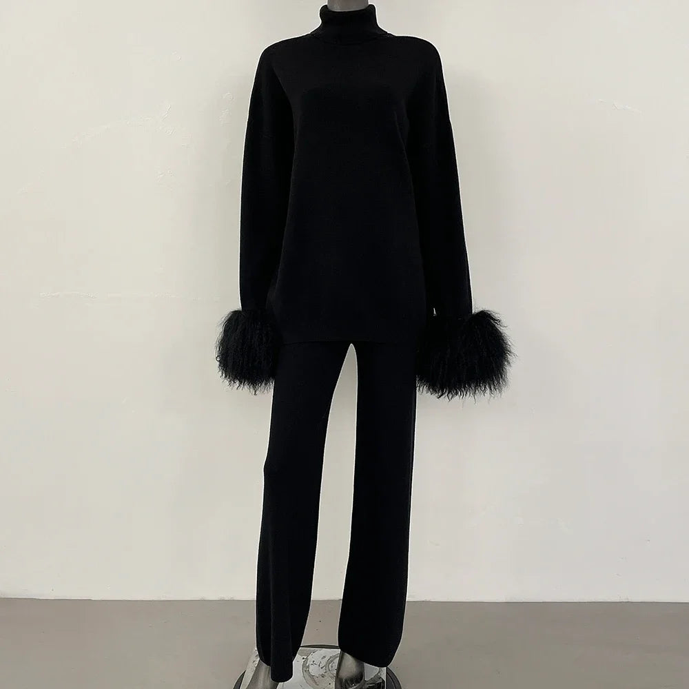Coat Women Knitted Suit Women's Sweater Set Real Mongolian Sheep Fur Cuffs High Quality Wool & Blend Knitted Pullover and Pants