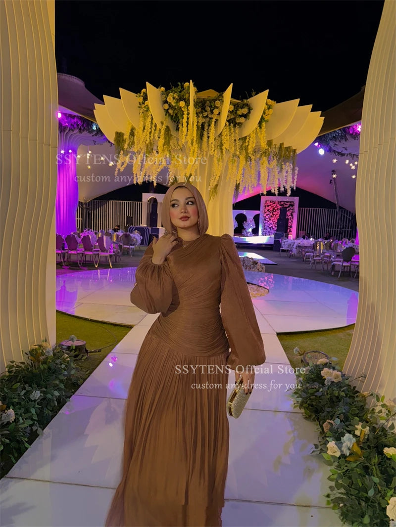 SSYTENS Modest Silk Evening Dresses for Women Full Sleeves Prom Dresses Saudi Arabric Formal Occasions Prom Gowns Customized