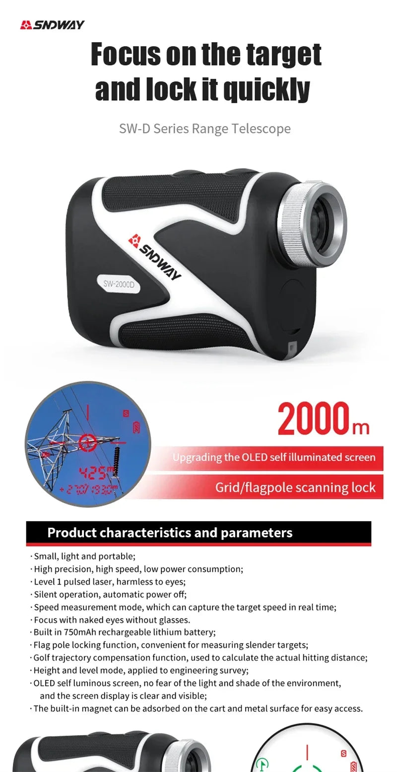 SNDWAY Golf Laser Distance Meter Rangefinder for Hunting 1000M 1500M 2000M Laser Telemeter Golf Camera Outdoor Telescope