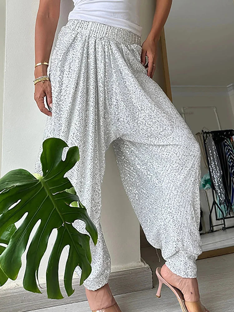 Full Sequined Patchwork Women Solid Pants 2024 Spring Summer Female Casual Pants Loose Fit All Match Lady Elastic Waist Bloomers
