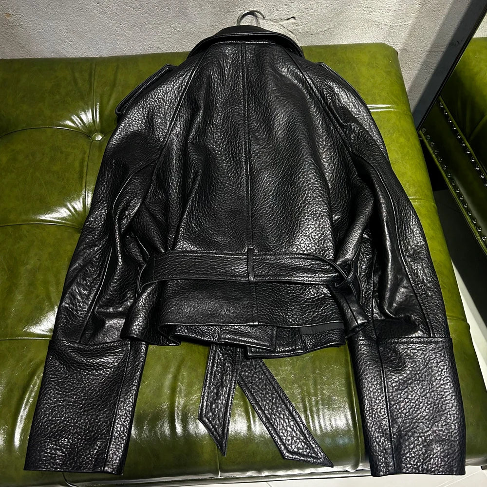 Elegant Black Leather Jacket Women Grained Sheep Leather Jackets New Style Lace-up Leather Jacket