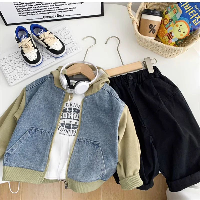 Boys Jeans Jackets Spring Girls Fashion Hooded Coats Autumn Children Clothes Kids Casual Zipper Colorblocking Outerwear 1-10Y