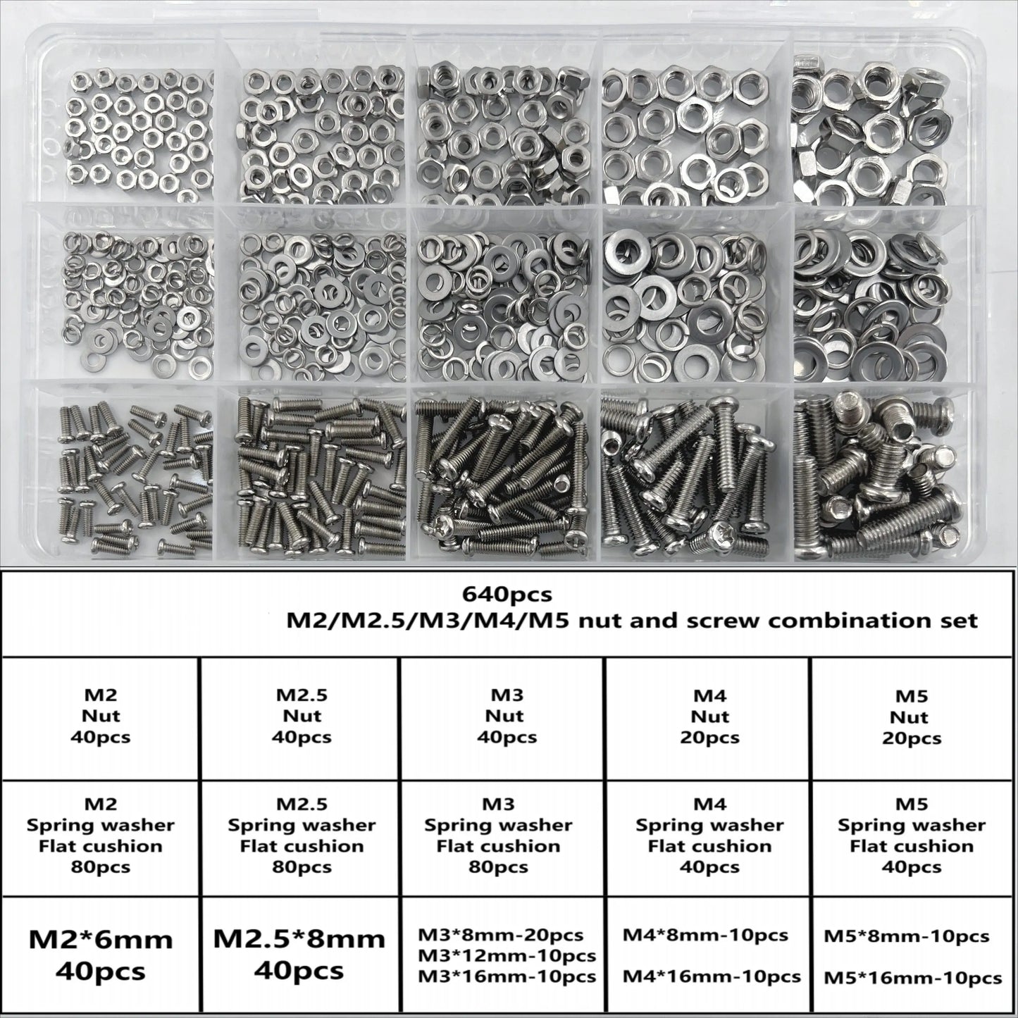 640PCS M2 M2 5 M3 M4 M5 Hex Screw Nuts and Bolts Assortment Kit Metal Fasteners for Repair