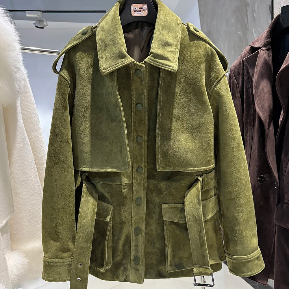 YOLOAgain Real Leather Suede Jacket Women Dark Brown Single Breasted Leather Coat With Belt
