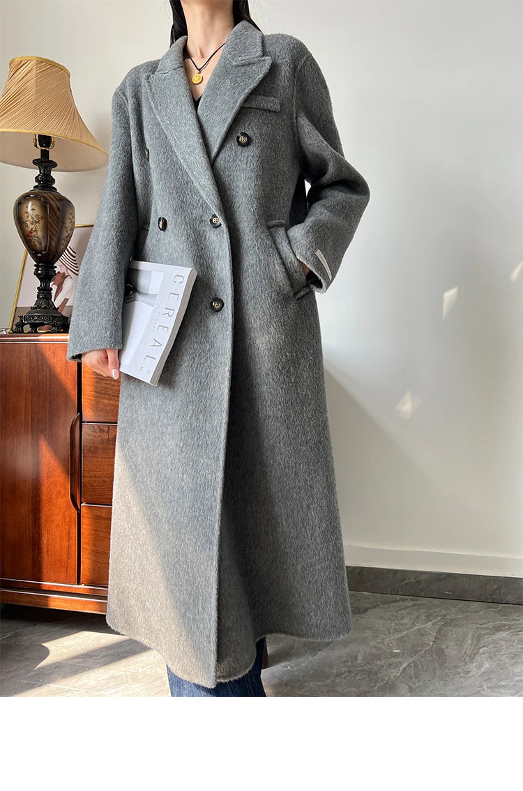 Office Lady Woolen Jackets 2024 Autumn And Winter Suit Collar Double Breasted Warmer Yak Hair Loose Long Women's Wool Coats
