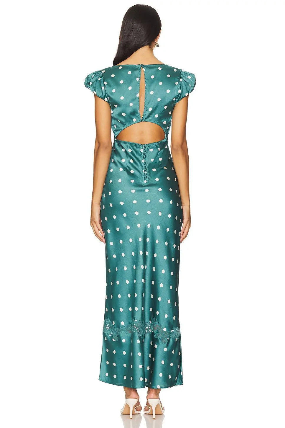 Luxurious Silk Satin Long Dress Elegant Puff Sleeve Polka Dot Floral Gown Sexy Open Back Midi Dresses for Evening Cocktail