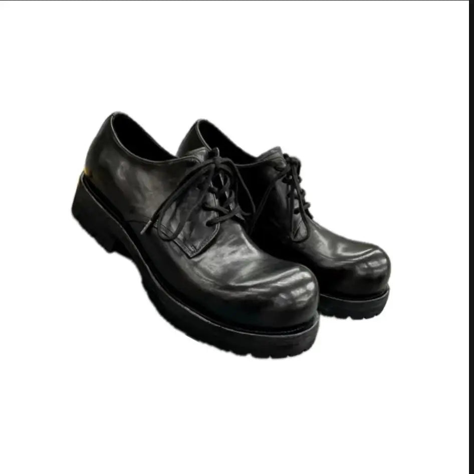 2025 New Men's Thick-soled Heightening Black Lace-up Round Head Horse Leather Made Old Derby Shoes