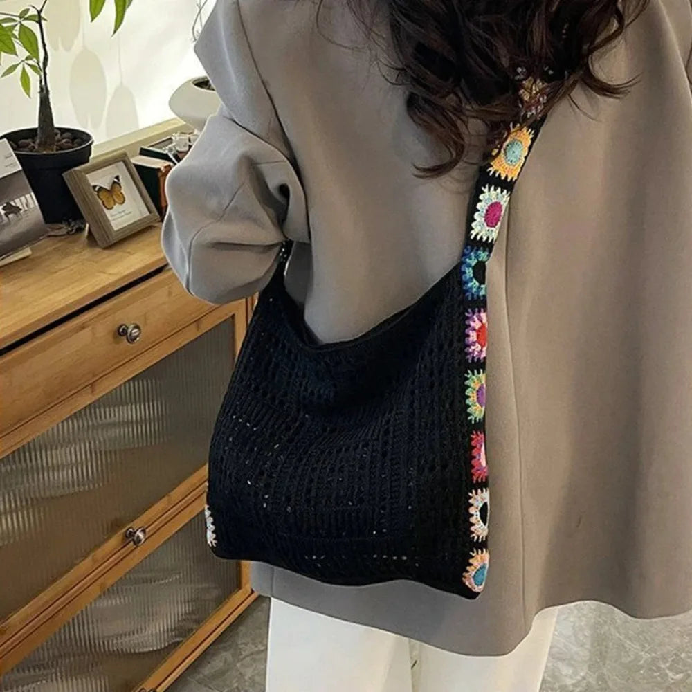 Fashion Large Capacity Women Shoulder Bag Floral Crochet Vintage Handbag Boho Hollow Out Knitted Crossbody Bags