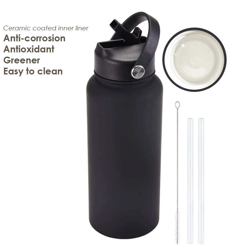 1000ML Water Bottle With Straw Lid Vacuum Insulated FlaskThermos Tumbler Ceramic Anti-Corrosion Coating Custom Gifts