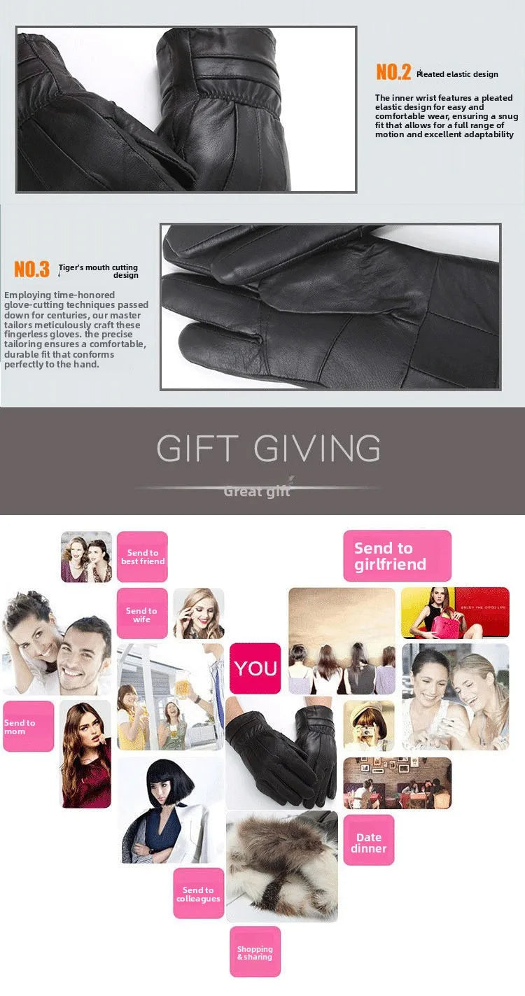 Genuine Leather Gloves (Men/Women): Fleece-Lined Warm, Thin/Thick Cotton, For Motorcycle Riding, Autumn/Winter,  Drop-Shipping