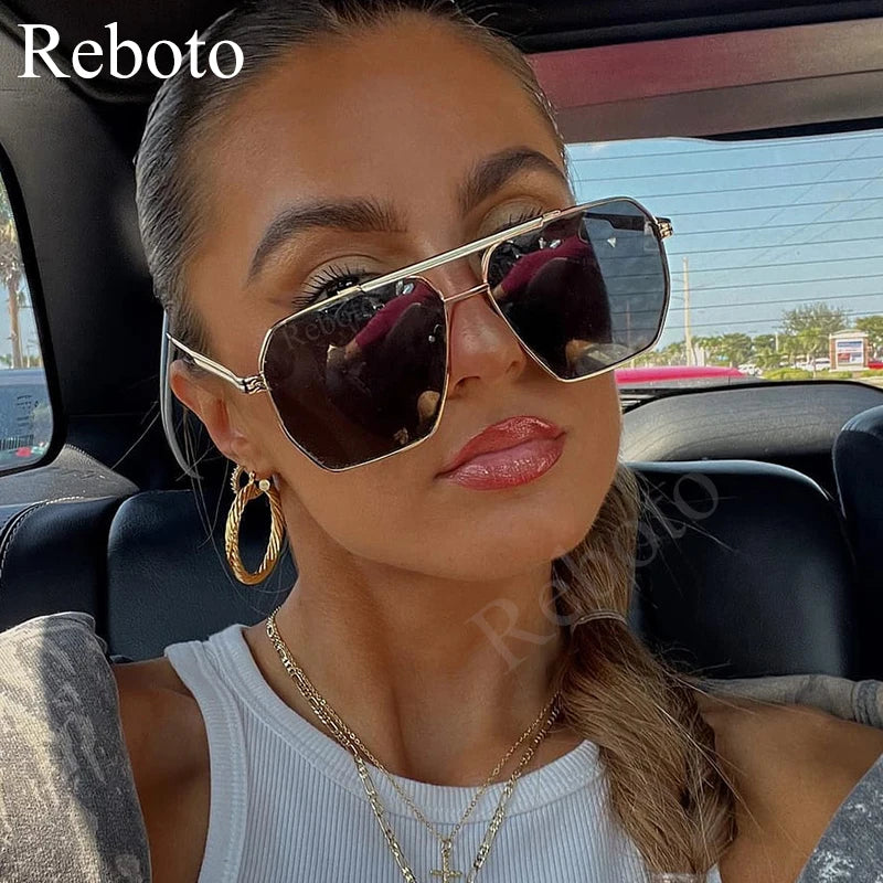 High Quality Square Polarized Sunglasses For Women Retro Oversized Double Bridge Sun Glasses Men Luxury Big Metal Goggle Shades