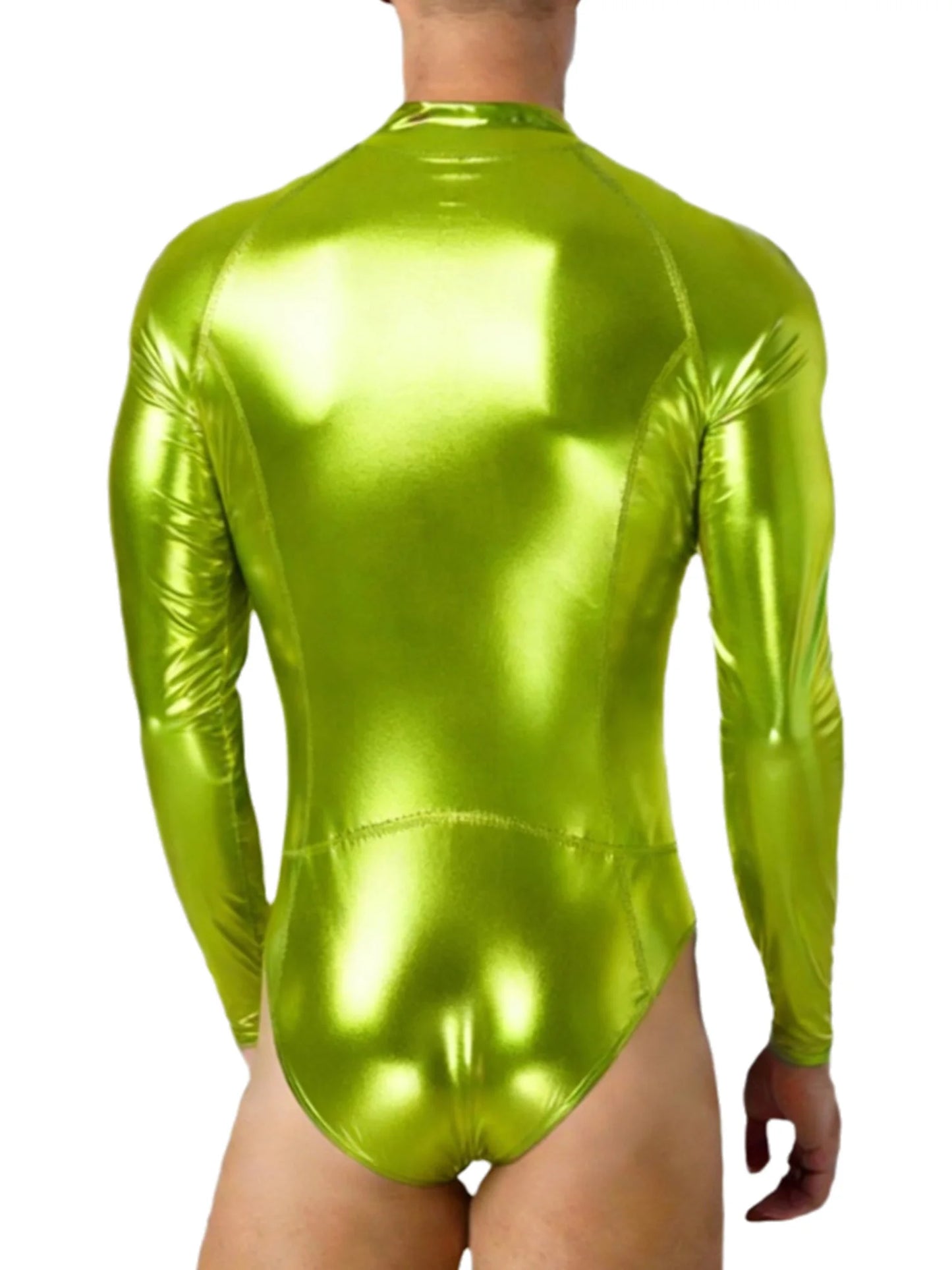 Mens Bathing Suits Swimsuits Metallic Shiny Bodysuit Long Sleeve One-piece for Nightclub Jazz Dance Beach Gymnastics Leotard