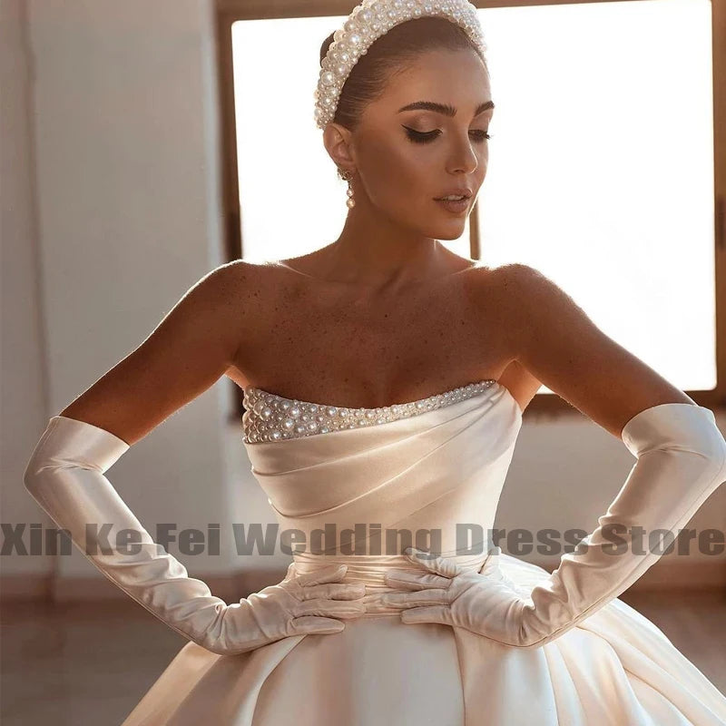 Elegant Wedding Dresses 2024 Pearls Modern Bridal Beach Boho Gowns Sweep Train A-Line Satin Prom Plus Size Vestidos Customized