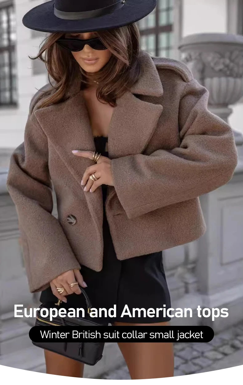 Winter Fashion British Style Pure Suit Collar Solid Color Woolen Fabric Small Coat  Casual Elegant Jacket Women'S Clothing