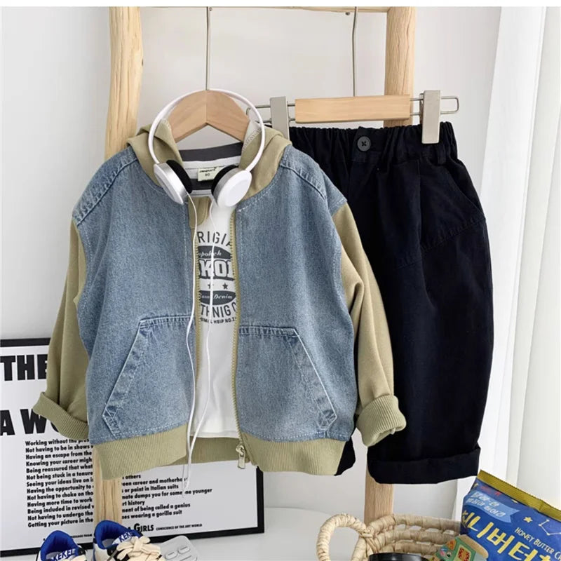 Boys Jeans Jackets Spring Girls Fashion Hooded Coats Autumn Children Clothes Kids Casual Zipper Colorblocking Outerwear 1-10Y
