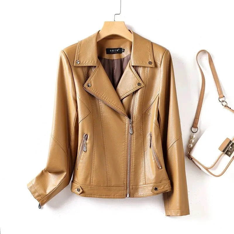 SpringAutumn 2025 New Sheep Leather Jacket Female Rivet Locomotive Slim Corium Leather Jacket Suit Collar Zipper Short Outwear