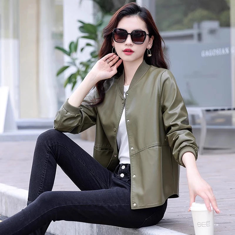 New Women Casual Leather Jacket Spring Autumn Fashion Patchwork V-Neck Single Breasted Loose Short Outerwear Split Leather
