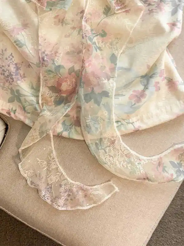 Summer Floral Halter Top Women Sweet Fairy Lace Bow Slim Fit Sleeveless Blouse Elegant Cute Mesh Transparent Layer Shirt Vest